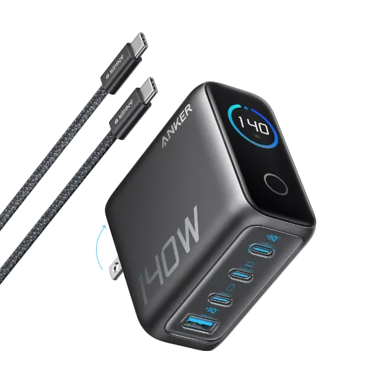 صورة شاحن أنكر 140 واط  3× USB-C + 1× USB-A  مزود بشاشة عرض
