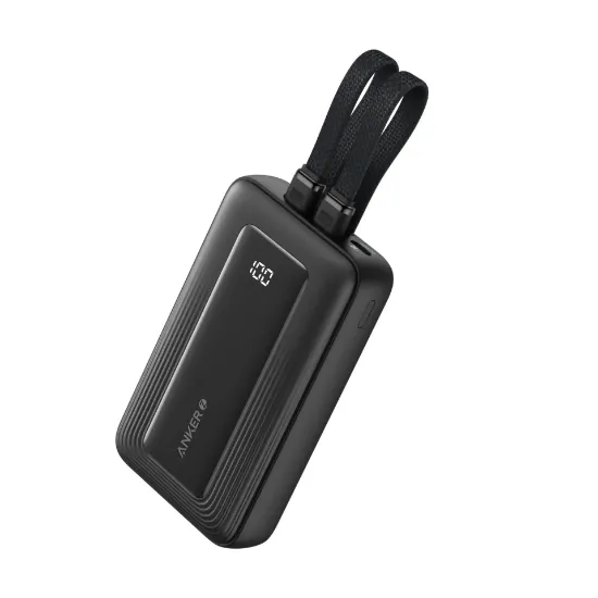 صورة أنكر باور بانك 10000 مللي أمبير 30 واط مع كابلي USB C وLightning مدمجين أسود