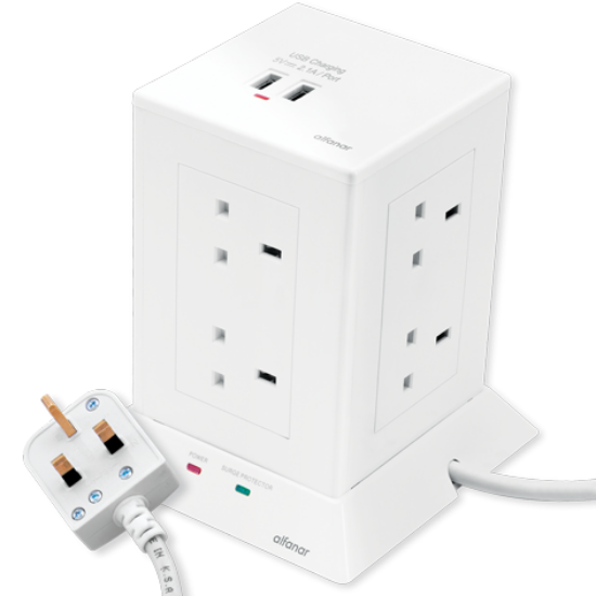 صورة الفنار توصيلة كهربائية على شكل برج، تحتوي على 8 مقابس ومنفذين USB، قدرة 13 أمبير، بطول 3 أمتار،