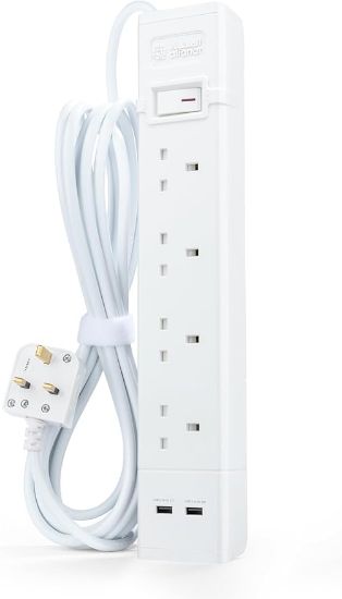 صورة الفنار توصيلة كهربائية بأربع مقابس مع منفذين USB، قدرة 13 أمبير، بطول 5 أمتار، رقم الموديل